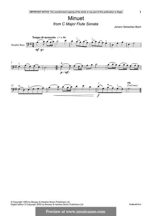 Соната для флейты и бассо континуо No.1 до мажор, BWV 1033: Minuet, for double bass by Иоганн Себастьян Бах