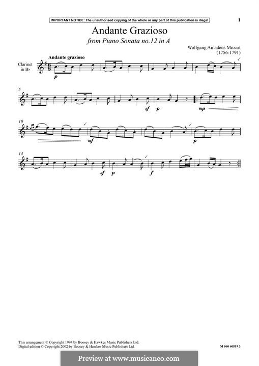 Соната для фортепиано No.12 фа мажор, K.332: Andante Grazioso, for clarinet by Вольфганг Амадей Моцарт