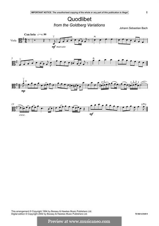 Вариации Гольдберга, BWV 988: Quodlibet, for viola by Иоганн Себастьян Бах