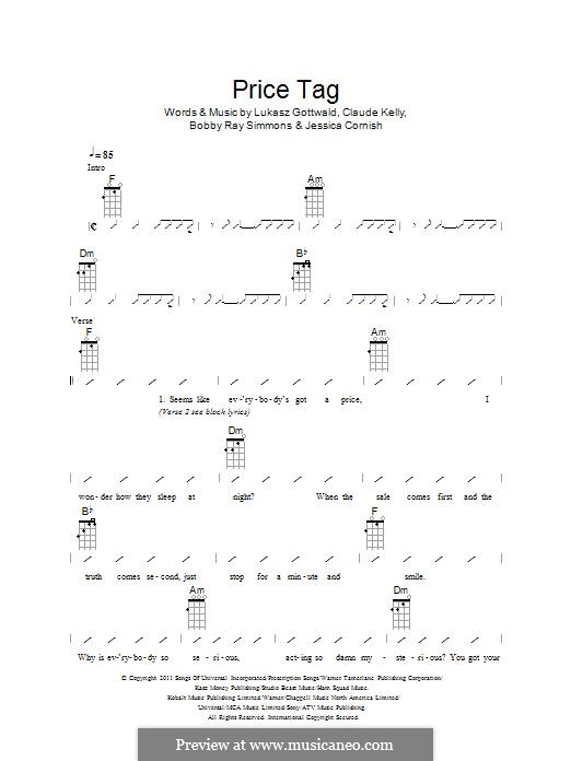 Price Tag (Jessie J feat. B.o.B.): Для укулеле by Bobby Ray Simmons Jr., Claude Kelly, Jessica Cornish, Lukas Gottwald