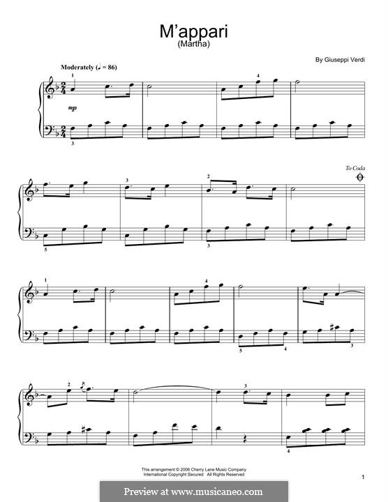 Марта, или Ричмондская ярмарка: M'appari tutt' amor, for piano by Фридрих фон Флотов