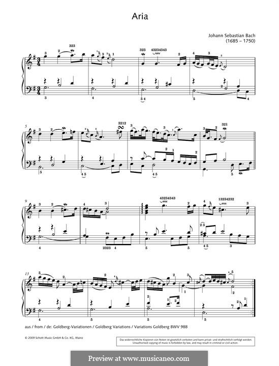 Вариации Гольдберга, BWV 988: Aria, for piano by Иоганн Себастьян Бах