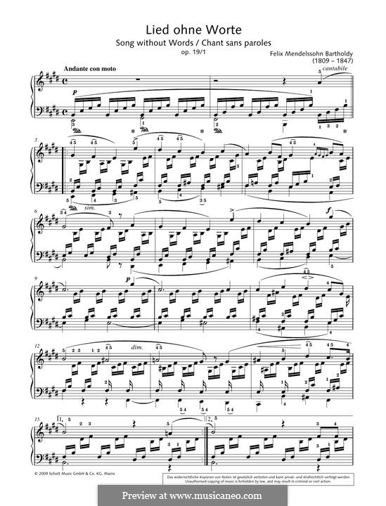 Шесть песен, Op.19a: No.1 Andante Con Moto by Феликс Мендельсон-Бартольди