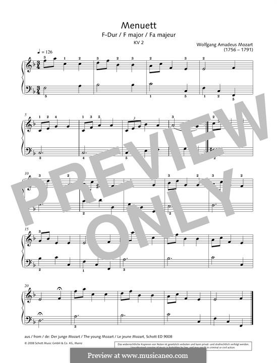 Менуэт для фортепиано фа мажор, K.2: Для одного исполнителя by Вольфганг Амадей Моцарт