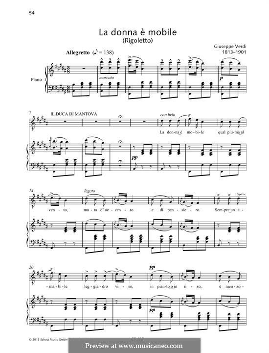 La donna è mobile (Over the Summer Sea) printable scores: Для голоса и фортепиано by Джузеппе Верди