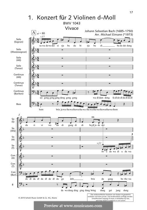 Двойной концерт для двух скрипок, струнных и бассо континуо ре минор, BWV 1043: Vivace, for choir by Иоганн Себастьян Бах