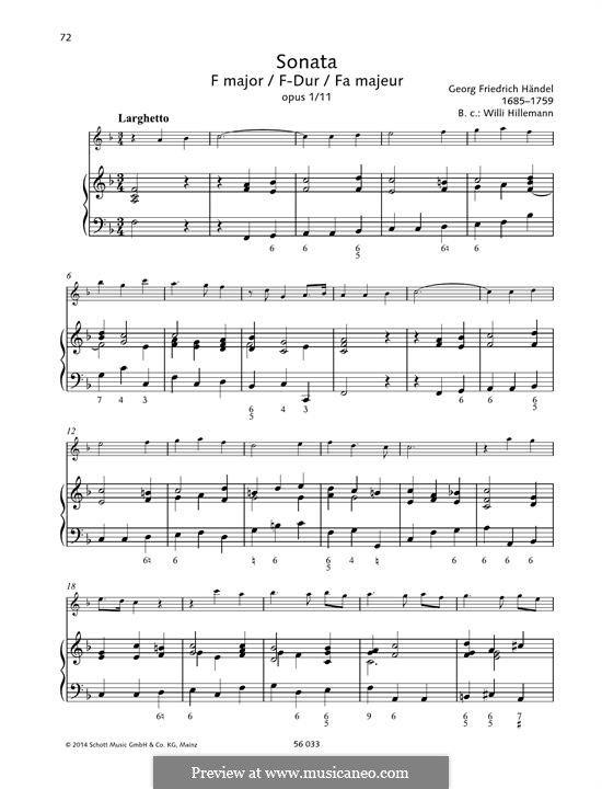 Соната для флейты и клавесина фа мажор, HWV 369 Op.1 No.11: Партитура by Георг Фридрих Гендель