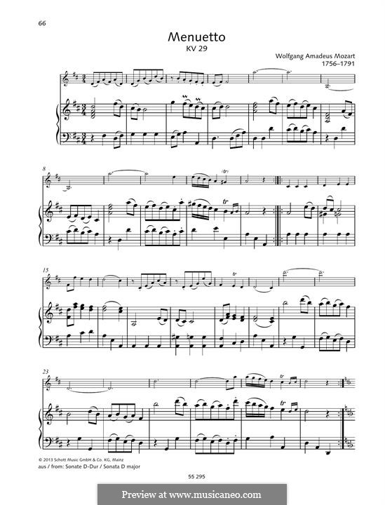 Соната для скрипки и фортепиано ре мажор, K.29: Menuetto by Вольфганг Амадей Моцарт