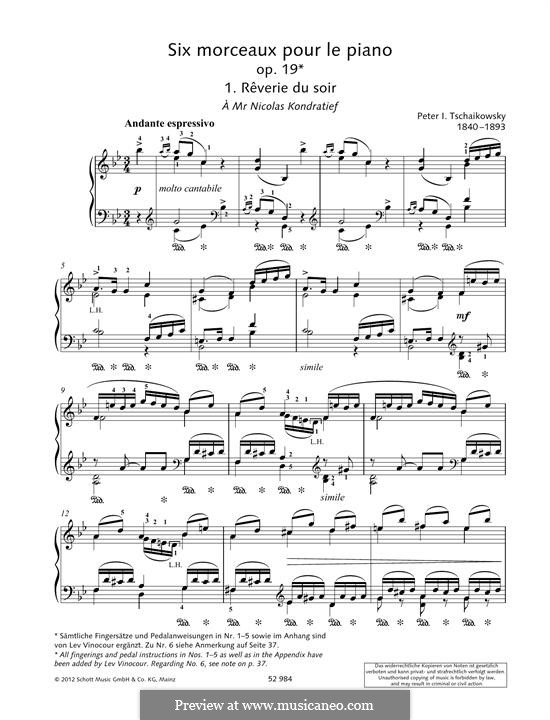 Шесть пьес для фортепиано, TH 133 Op.19: No.1 Rêverie du soir (Evening Dreams) by Петр Чайковский
