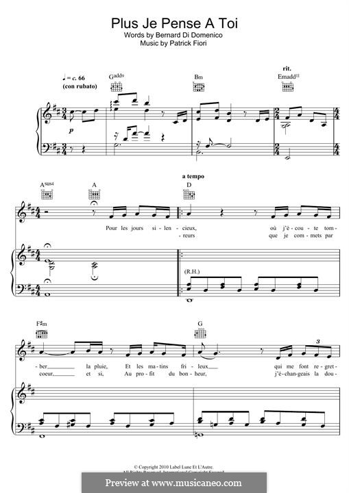 Plus Je Pense a Toi: Для голоса и фортепиано (или гитары) by Patrick Fiori