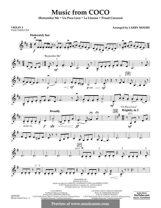 Music from Coco: Violin 3 (Viola Treble Clef) part by Michael Giacchino