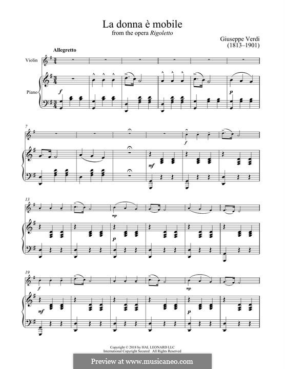 La donna è mobile (Over the Summer Sea) printable scores: Для скрипки и фортепиано by Джузеппе Верди