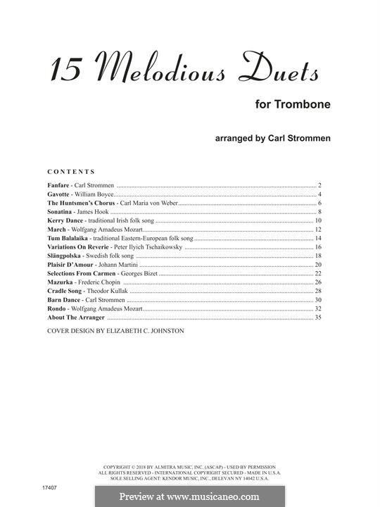 15 Melodious Duets: For two trombones by Уильям Бойс, Карл Мария фон Вебер, folklore, Джеймс Гук, Carl Strommen