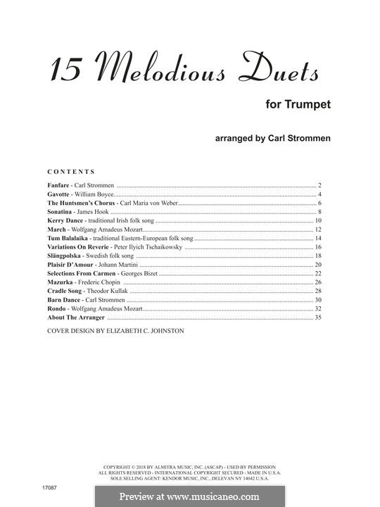 15 Melodious Duets: For two trumpets by Уильям Бойс, Карл Мария фон Вебер, folklore, Джеймс Гук, Carl Strommen