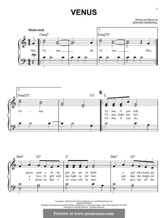 Venus (Frankie Avalon): Для фортепиано (легкий уровень) by Edward Marshall
