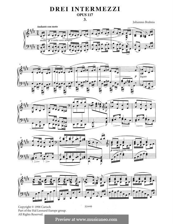 Три интермеццо, Op.117: Intermezzo No.3 by Иоганнес Брамс
