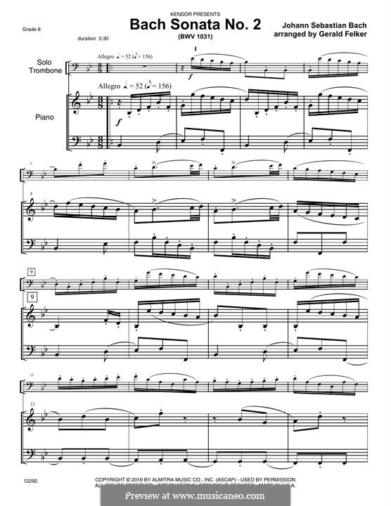 Соната для флейты и клавесина No.2 ми-бемоль мажор, BWV 1031: Version for trombone and piano – piano (optional) part by Иоганн Себастьян Бах