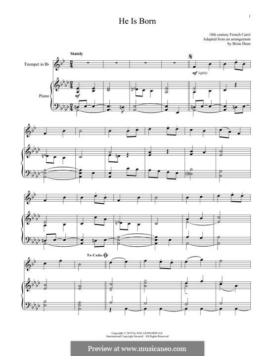 He is Born, the Holy Child (Il est ne, le divin enfant): For trumpet and piano by folklore