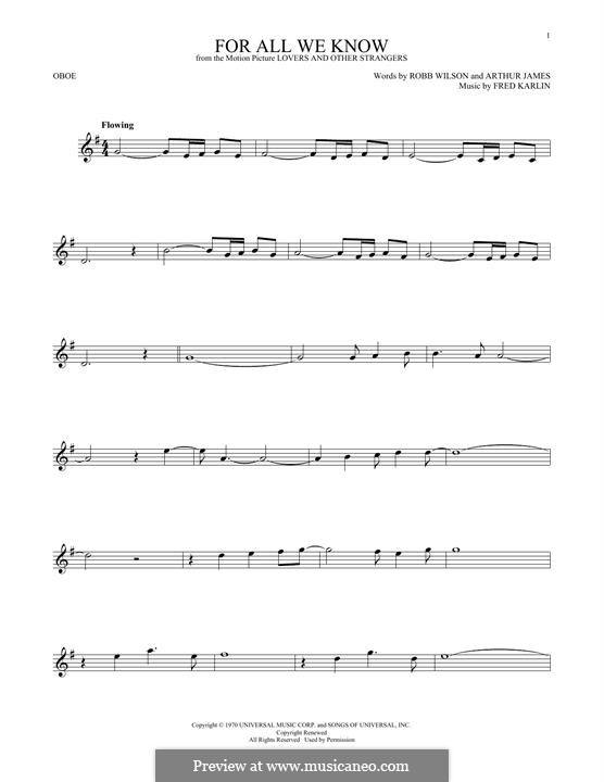 For All We Know (Carpenters): For oboe by Fred Karlin, Jimmy Griffin, Robert Wilson