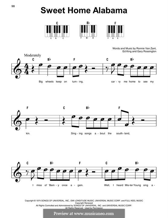 Sweet Home Alabama (Lynyrd Skynyrd): Для фортепиано (легкий уровень) by Ed King, Gary Rossington, Ronnie Van Zant
