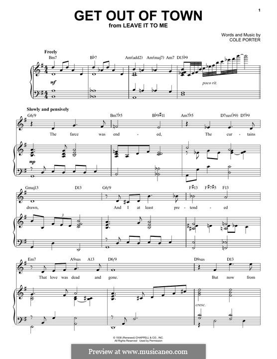Get Out of Town: For voice and piano (jazz version) by Кол Портер