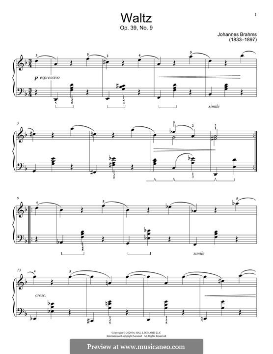 Вальс No.9: Аранжировка для фортепиано by Иоганнес Брамс