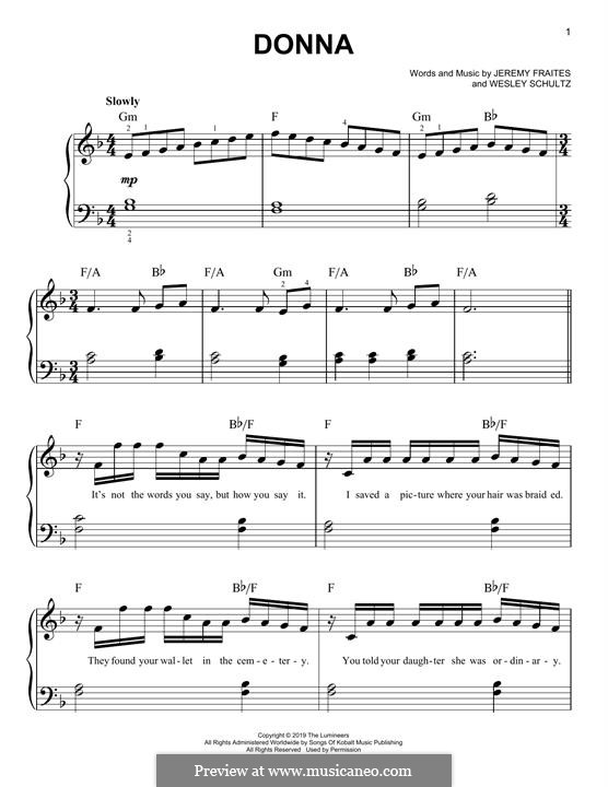 Donna (The Lumineers): Для фортепиано (легкий уровень) by Jeremy Fraites, Wesley Schultz