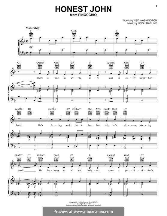 Honest John (from Walt Disney's Pinocchio): Для голоса и фортепиано (или гитары) by Leigh Harline
