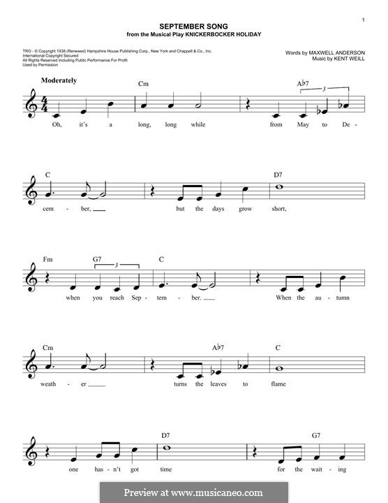 September Song (from Knickerbocker Holiday): Для клавишного инструмента by Kurt Weill