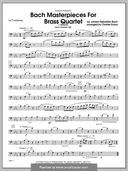 Bach Masterpieces for Brass Quartet: 1st Trombone part by Иоганн Себастьян Бах