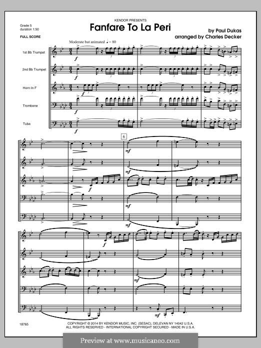 Пери: Fanfare, for wind quintet – full score by Поль Дюка