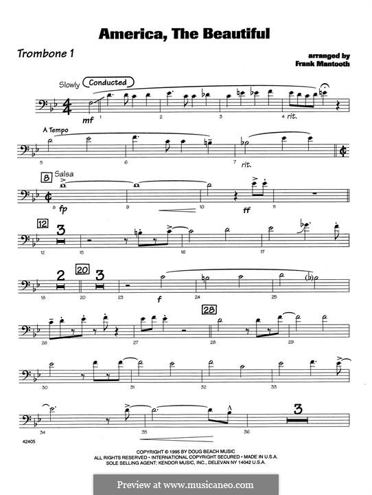 America, The Beautiful: For orchestra - 1st Trombone part by Сэмюэль Августус Уорд