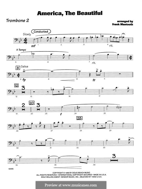 America, The Beautiful: For orchestra - 2nd Trombone part by Сэмюэль Августус Уорд