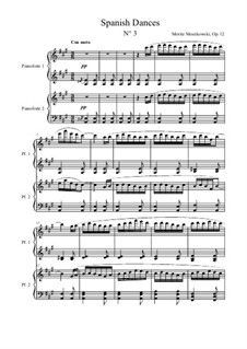 Пять испанских танцев, Op.12: Dance No.3, for piano four hands by Мориц Мошковский