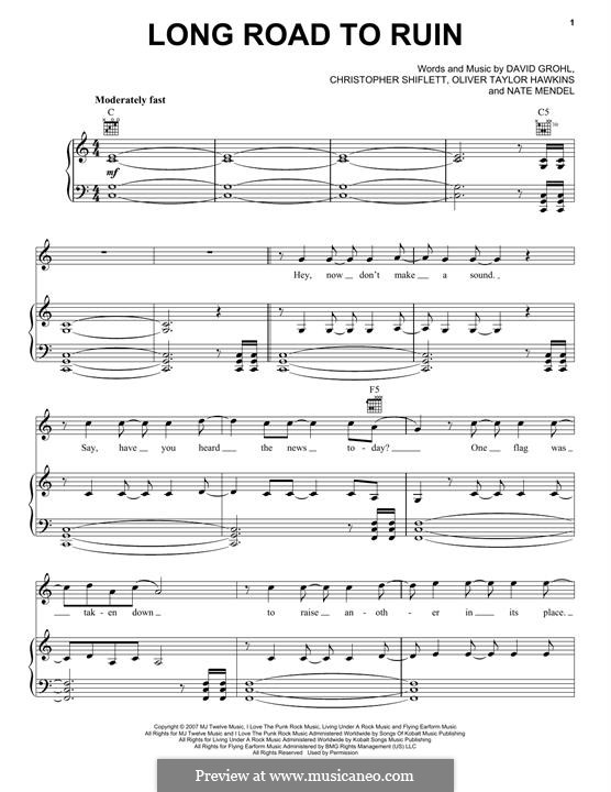 Long Road to Ruin (Foo Fighters): Для голоса и фортепиано (или гитары) by Christopher Shiflett, David Grohl, Nate Mendel, Taylor Hawkins