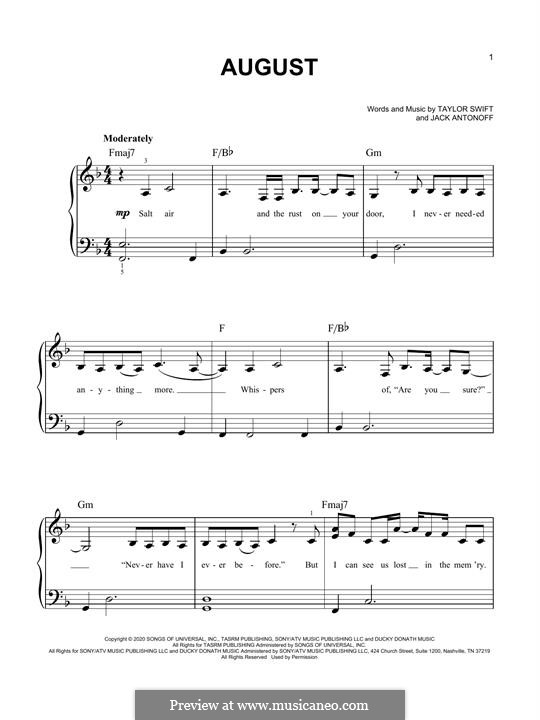 August (Taylor Swift): Для фортепиано (легкий уровень) by Jack Antonoff