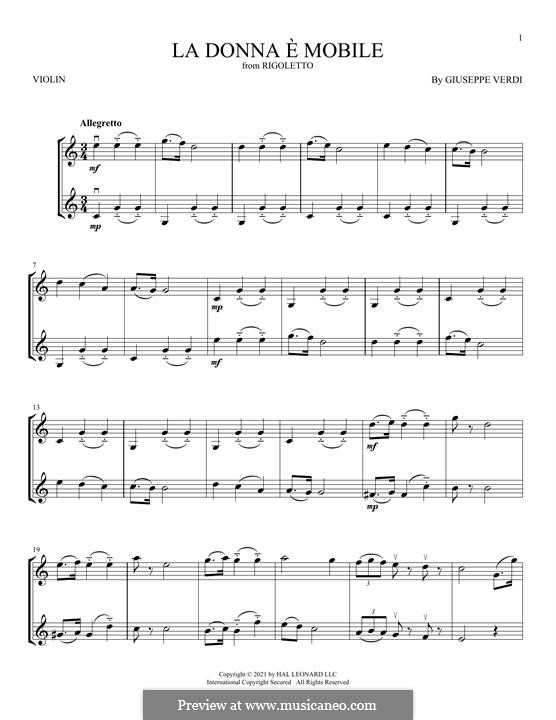 La donna è mobile (Over the Summer Sea) printable scores: Для двух скрипок by Джузеппе Верди