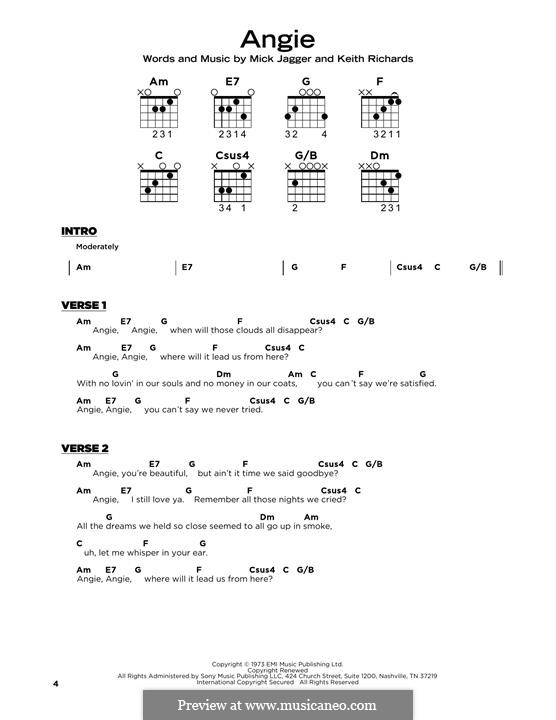 Angie (The Rolling Stones): Lyrics and guitar chords by Keith Richards, Mick Jagger