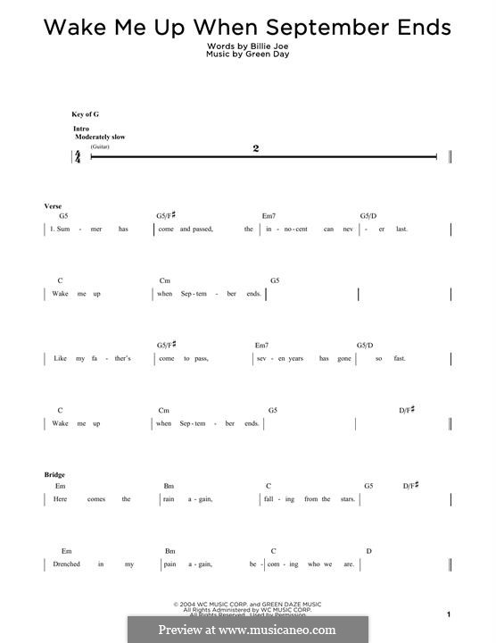 Wake Me Up When September Ends (Green Day): For bass guitar tab by Billie Joe Armstrong, Tré Cool, Michael Pritchard