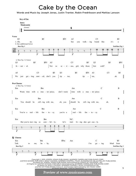 Cake By the Ocean (DNCE): For bass guitar tab by Joseph Jonas, Justin Tranter, Mattias Larsson, Robin Fredriksson