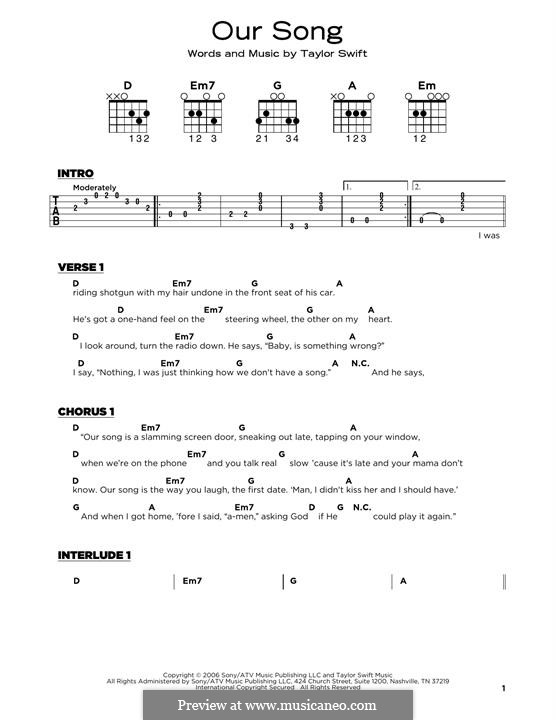 Our Song: Lyrics and guitar chords by Taylor Swift