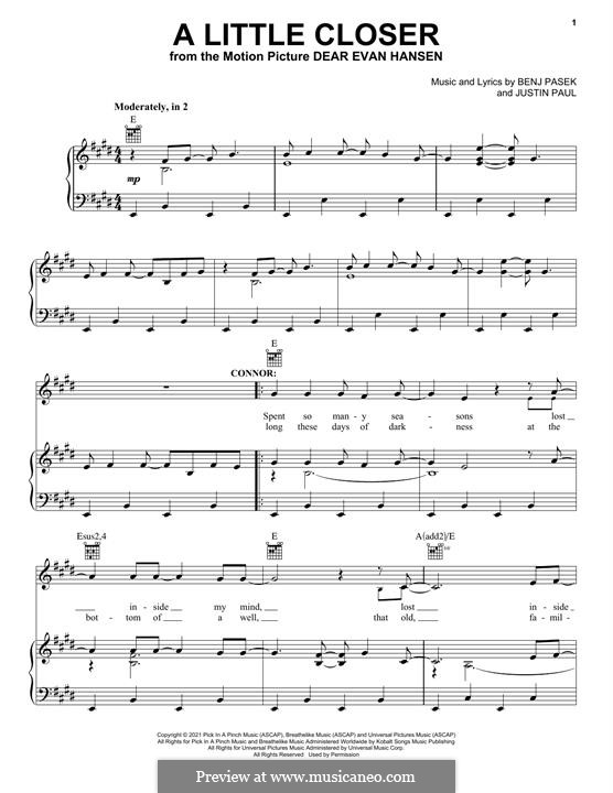 A Little Closer (from Dear Evan Hansen): Для голоса и фортепиано (или гитары) by Justin Paul, Benj Pasek