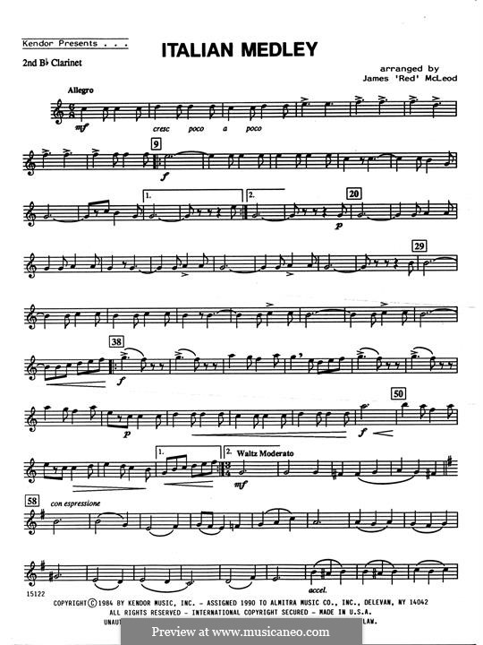 Italian Medley: For clarinets – 2nd Bb Clarinet part by Unknown (works before 1850)