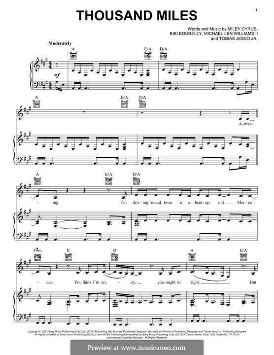 Thousand Miles (Miley Cyrus): Для голоса и фортепиано (или гитары) by Tobias Jesso