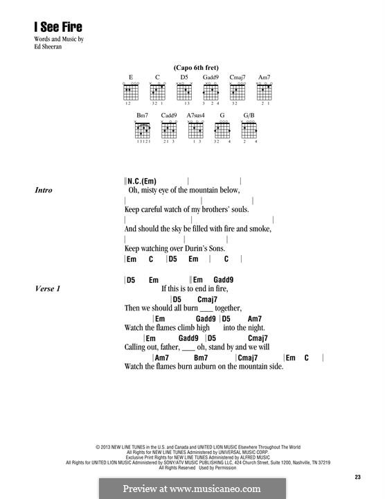 I See Fire (from The Hobbit): Lyrics and guitar chords by Ed Sheeran