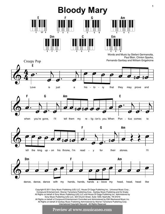 Bloody Mary (Lady Gaga): Для фортепиано by Clinton Sparks, Fernando Garibay, Paul Blair, Stefani Germanotta, William Grigahcine