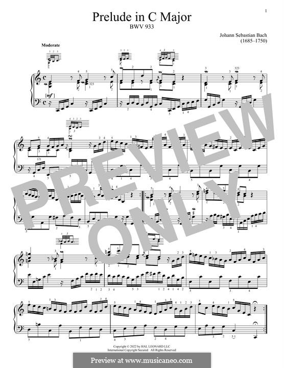 Prelude No.1 in C Major, BWV 933: Для фортепиано by Иоганн Себастьян Бах