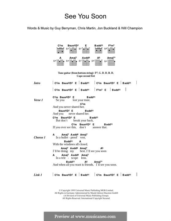 See You Soon (Coldplay): Lyrics and guitar chords by Chris Martin, Guy Berryman, Jonny Buckland, Will Champion