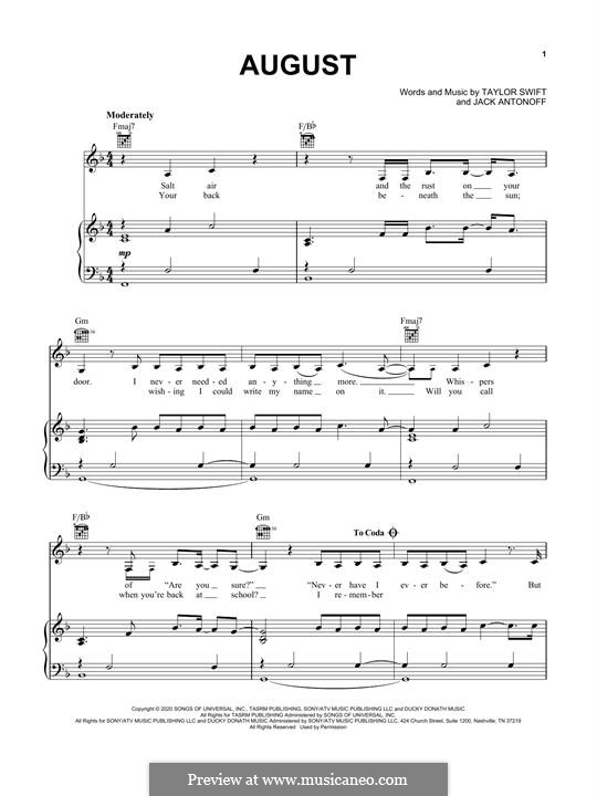 August (Taylor Swift): Для голоса и фортепиано (или гитары) by Jack Antonoff