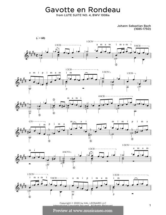 Сюита для лютни ми мажор, BWV 1006a: Gavotte en Rondeaux, for guitar by Иоганн Себастьян Бах